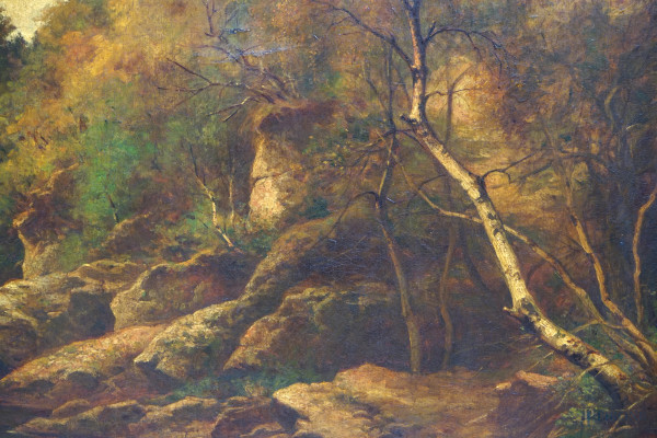 Paesaggio fluviale con ponte, olio su tela, firmato e datato in basso a destra, XIX secolo, cm 81...