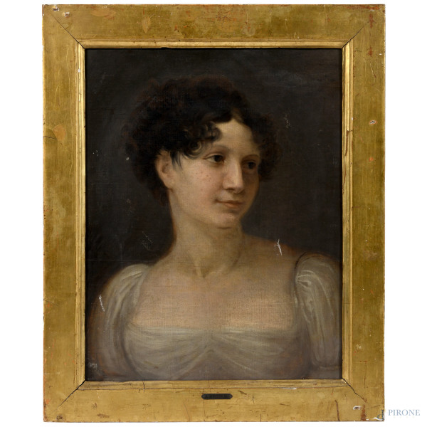 Ritratto femminile, XIX-XX secolo, olio su carta applicata su tela, cm 45,5x36,5, entro cornice, (piegature, graffi, cadute di colore)