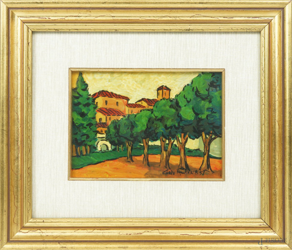 Carlo Antoci (XX secolo), Paesaggio, olio su compensato, cm 13x18,5, entro cornice