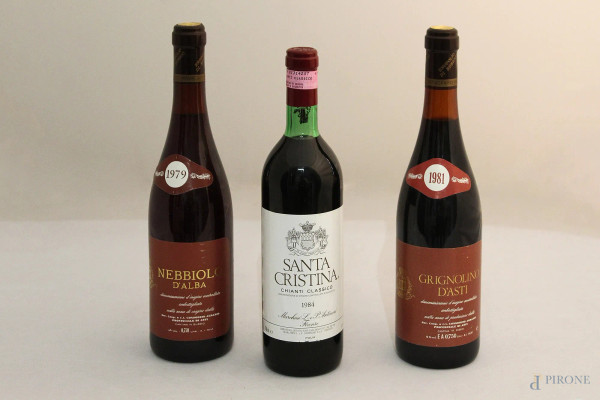Lotto di tre bottiglie di vino:Santa Cristina, Grignolino d&#39;Asti, Nebbiolo d&#39;Alba.