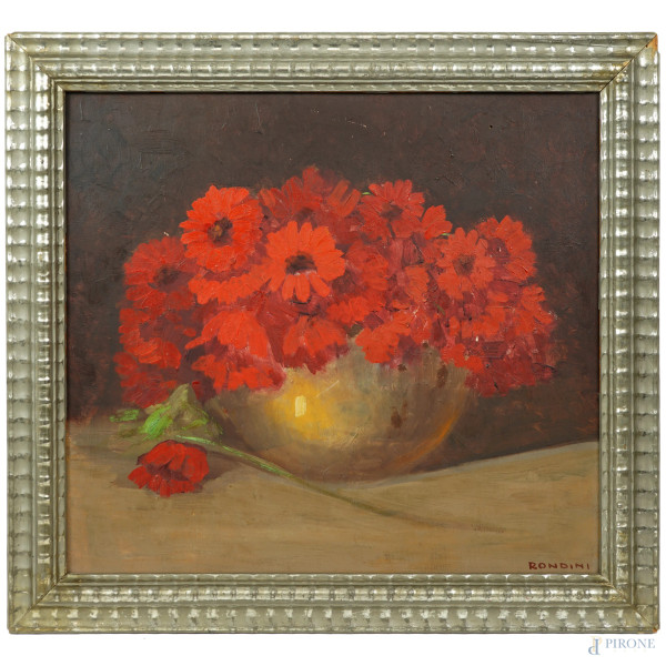 Natura morta con vaso di fiori, olio su tavoletta, firmato in basso a destra Rondini, sec. XX, cm 41x45,4, entro cornice