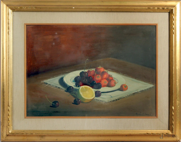 Giacomo  Tabellini - Piatto con ciliegie, fragole e limone, olio su tavola, cm. 50x35, entro cornice.