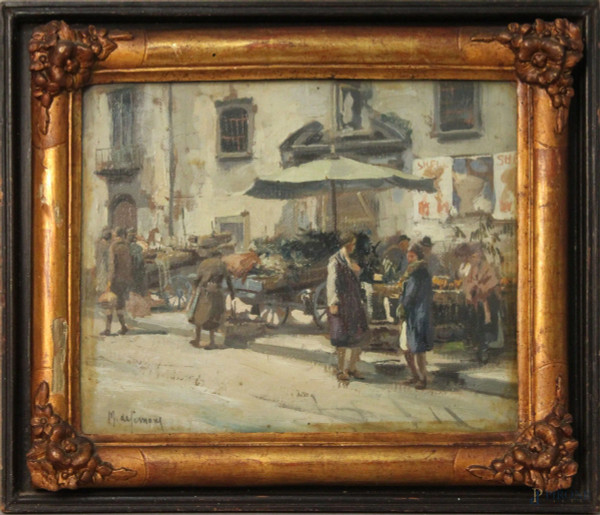 Michele De Simone - Strada con mercato e figure, olio su tela, cm. 22,5x28, entro cornice.