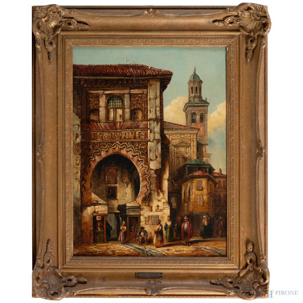 Scena popolare con architettura, XX secolo, olio su tela, cm, 41x31 firmato in basso a destra, entro cornice