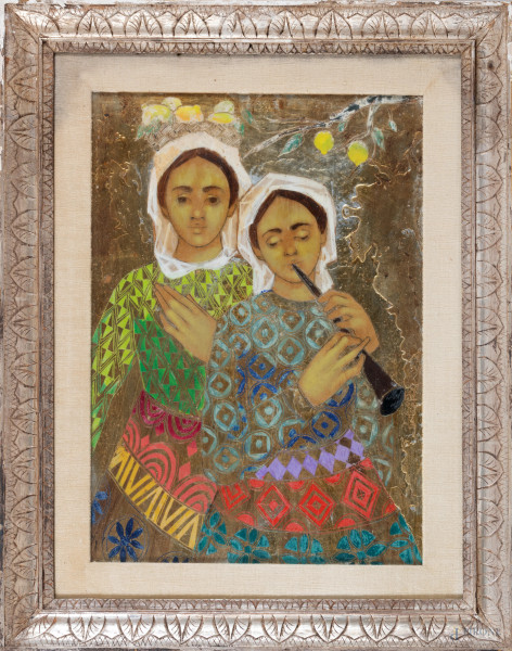 Paolo Bergamaschi ( 1929 - 1990 ), Donne Creole, tecnica mista su tela, cm 70x50, firmato in basso a destra, entro cornice