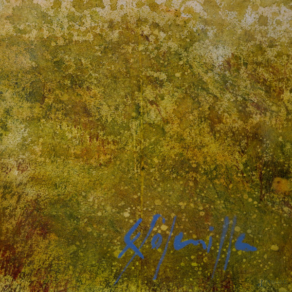 Enric Solanilla (1963), L’eco del bosco dorato, tecnica mista su carta, cm 19x19, con passepartou...