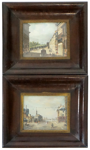 Coppia di miniature raffiguranti scorci di città con figure, olio su rame, XIX secolo, cm 8x9,5, entro cornici.