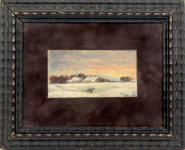Paesaggio innevato, olio su cartoncino, cm. 6,5x12,5, a firma F. Simi, entro cornice.