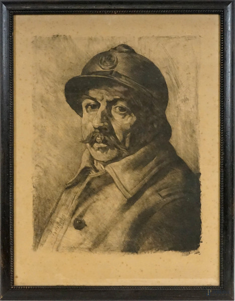 Soldato, carboncino su carta, cm 62x47, firmato W.Wamo, entro cornice, (macchie).