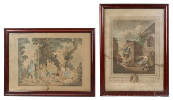Lotto di due incisioni acquarellate raffiguranti scene di genere, cm. 30x42, Francia, XIX secolo, entro cornici.(difetti)