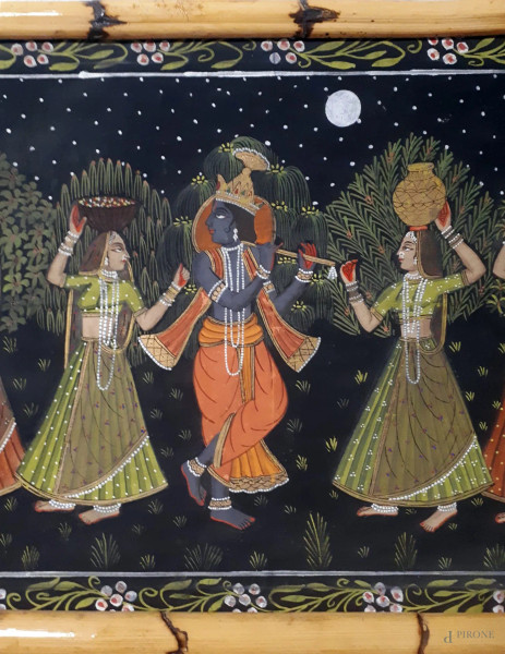 Processione con fanciulle, dipinto di arte asiatica della seconda metà del XX sec., tecnica mista...