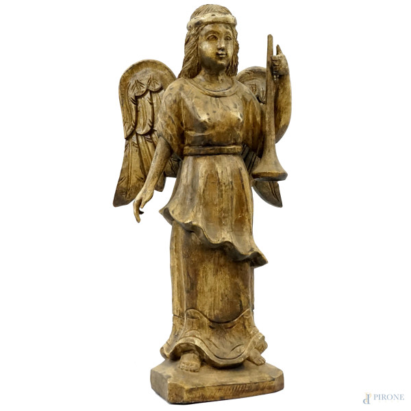 Angelo con tromba, scultura in legno, XX secolo, cm h 60, (difetti)
