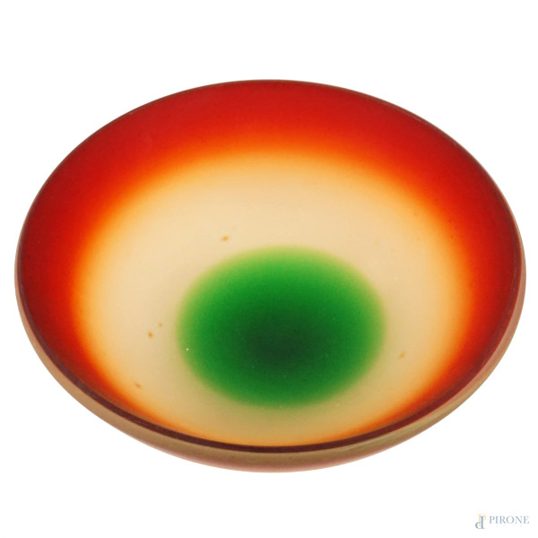 Bowl in vetro satinato multicolore, cm 6,5x19,5, seconda metà XX secolo, (lievi difetti).
