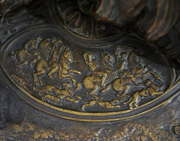 Alessandro e il leone, scultura in bronzo, firmata Coinchon, cm h 31