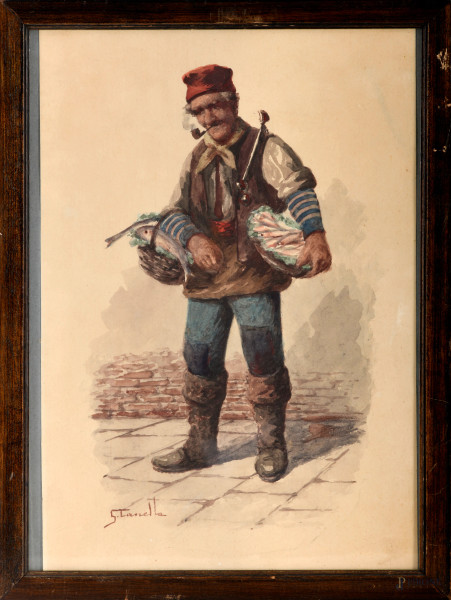Giuseppe Canella (Verona 1788 - Firenze 1847), Pescivendolo, acquerello su carta, cm 34x23 entro cornice, firmato in basso a sinistra (difetti)