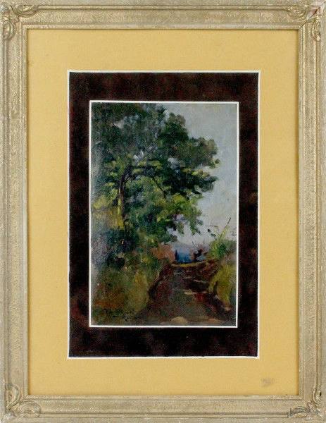 Paesaggio con viale alberato, olio su tavola, cm 25x16, firmato Dante Ricci, entro cornice