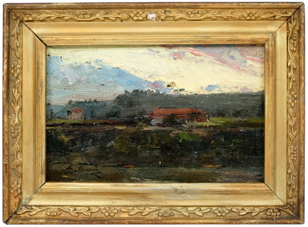 Paesaggio al crepuscolo, olio su tavola, cm 8,5x13,5, firmato, entro cornice