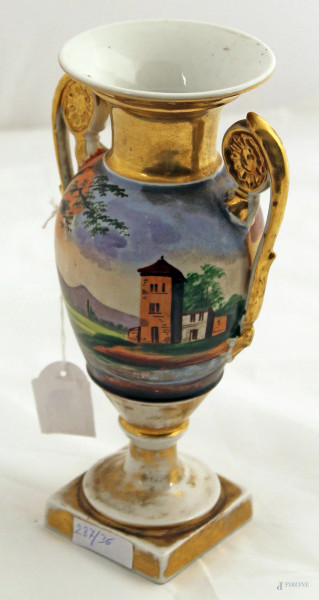 Vaso Impero in porcellana dipinta a scena di paesaggio e pastore, h.25 cm