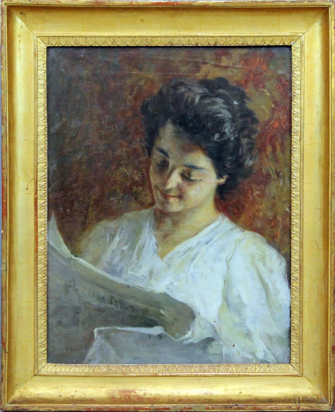 Nicola Biondi - Ritratto di donna in lettura, olio su tela, cm 60,5x46,5, entro cornice