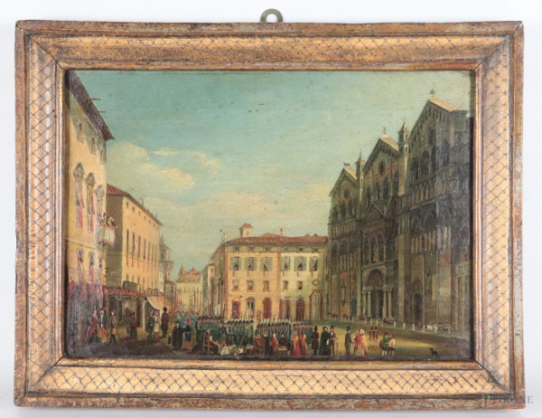 Veduta della Cattedrale di San Giorgio a Ferrara durante la parata, XIX secolo, olio su tela, cm 25x35, entro cornice, (segni di usura, lievi tracce di umidità, craquelure, segni di battitura del telaio, difetti)