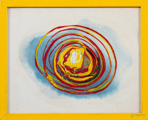 Franco Costalonga (1933-), Astratto, tecnica mista su carta, cm 22x28, firmato in basso, entro cornice, (segno di usura, tracce di umidità, piegature, ossidazione, tracce difetti)