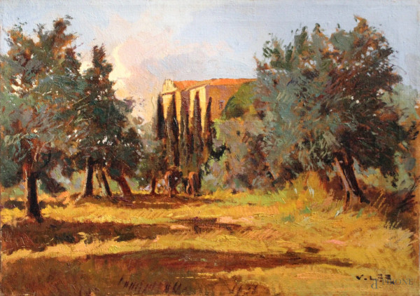 Angiolo Volpe - Esterno di fattoria, olio su tela, cm 50 x 70.