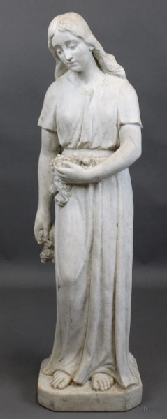 Fanciulla con fiori, scultura in marmo bianco, prima met&#224; XX secolo, altezza cm. 82