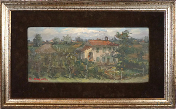 Rinaldo Caressa - Casolari del Piave, olio su tavola, cm 18x40, entro cornice.
