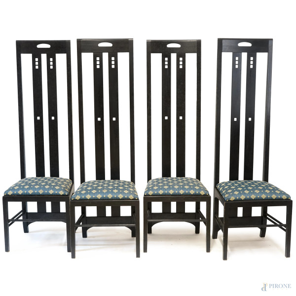 Quattro sedie Ingram con schienale alto, Mackintosh per Cassina, anni '80, in legno laccato nero, cm 150x45,5x41,5 (difetti e segni del tempo)