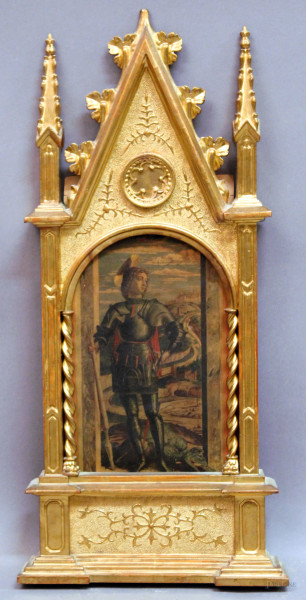 Cornice neogotica in legno intagliato e dorato, XIX sec., h. cm 71x29.