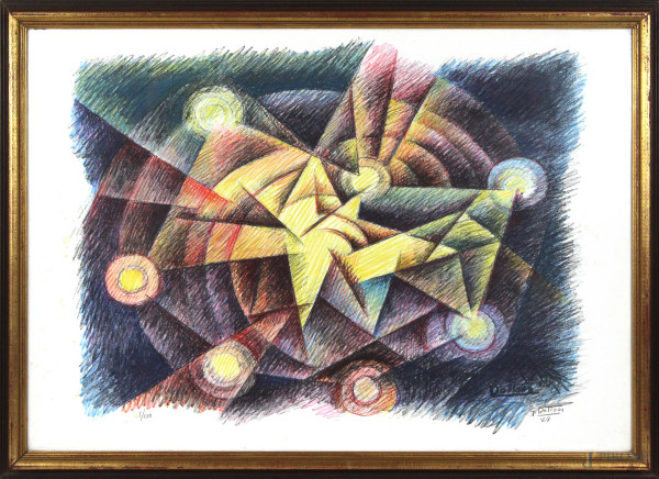 Gerardo Dottori - Dramma cosmico, litografia a colori, cm. 48x69, ed. 1/106, datata 1969, entro cornice.