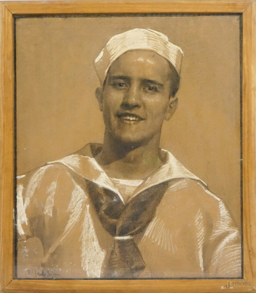 Ritratto di marinaio, matita e biacca su carta, cm 60x51,5, firmato,  entro cornice