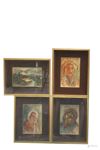 Lotto di tre ritratti ed un paesaggio ad olio su legno, 30x18 cm, entro cornice.