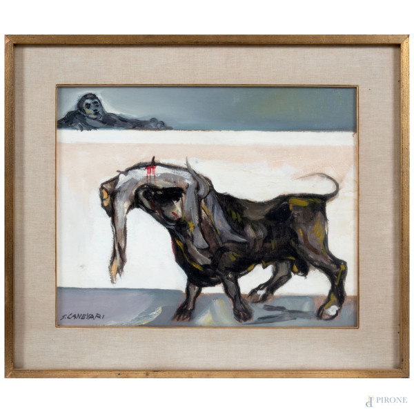 Sergio Canevari, La Corrida, tecnica mista su tela, cm 41x51, firmato in basso a sinistra, entro cornice
