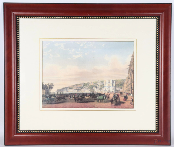 Veduta di Napoli con lungomare e carrozze, XX secolo, stampa a colori, cm 46x56 compreso passepartout, entro cornice, (lievi tracce di umidità e ondulazioni della carta)