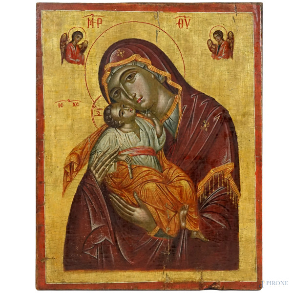 Icona raffigurante Madonna con Bambino, tempera su tavola, cm  48x39, fine XIX secolo, (difetti).