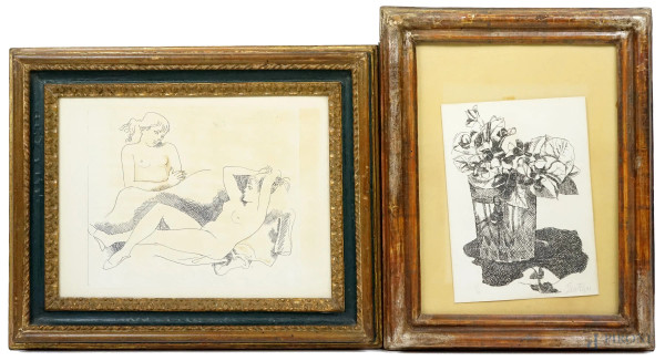 Franco Gentilini - Vaso con fiori e Nudi di donne,  due multipli su carta, cm 24,5x17,5, es.65/90, entro cornici.