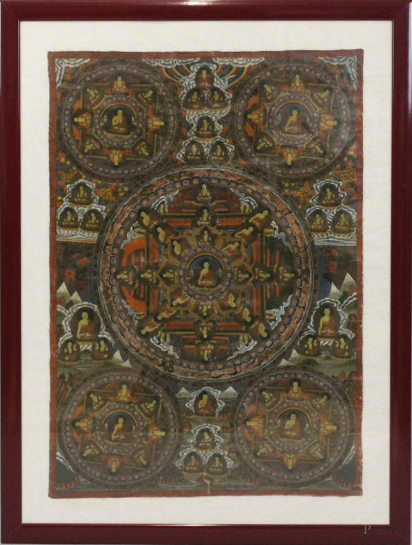 Antico thangka tibetano, dipinto su tela, cm 85x59,5, entro cornice