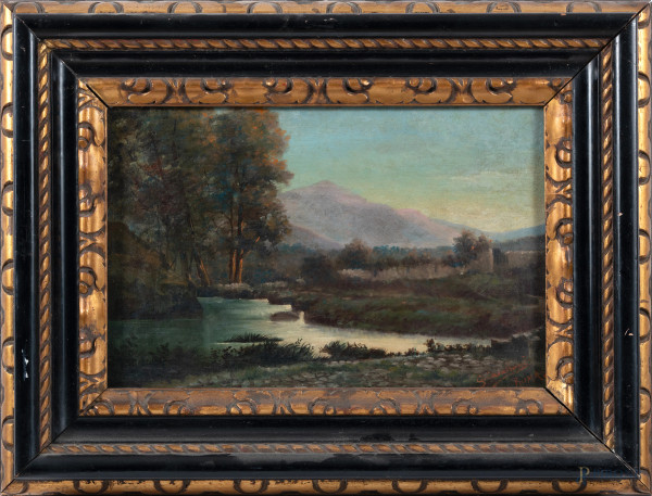 Paesaggio fluviale, XIX-XX secolo, olio su tela, cm 26x40, firmato in basso a destra, entro cornice, (segni di usura)