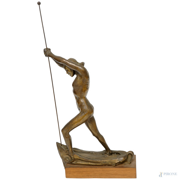 Ugo Attardi - Figura su barca, multiplo in bronzo 26/57, altezza cm 58, base in legno