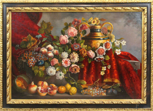 Natura morta, fiori, frutta e vasellame, olio su tela, cm 80x120, firmato, entro cornice.