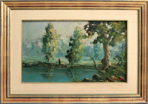 Cesare Laruffa, Paesaggio, olio su tavola, cm 49 x 29, entro cornice.
