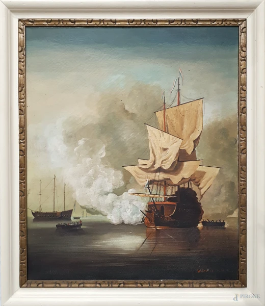 Seguace di Willem II Van De Velde il Giovane (1633-1707), Battaglia navale, fine XVIII secolo, olio su tela, cm 65x54, firmato, entro cornice, al retro antico sigillo della Marina Militare Reale con ancora e corona
