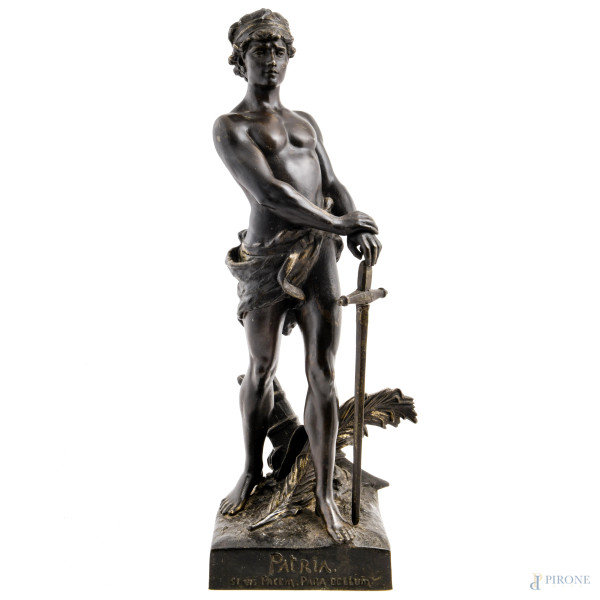 Vis pacem para bellum, XX secolo, scultura in antimonio, altezza cm 68, firmato alla base, (segni di usura, difetti, spada removibile)