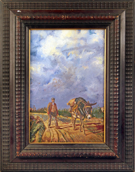 Paesaggio con asino e contadino, olio su cartone, cm. 37x25, firmato entro cornice.