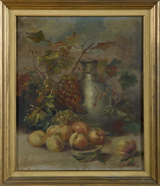 Natura morta, XX secolo, olio su tela, cm 59x49, firmato in basso a destra, entro cornice, (segni di usura, abrasioni, cadute di colore)