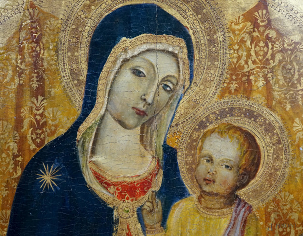 Anonimo senese del XIX-XX secolo, Madonna con il Bambino in trono, olio su tavola, cm 118,5x53,5