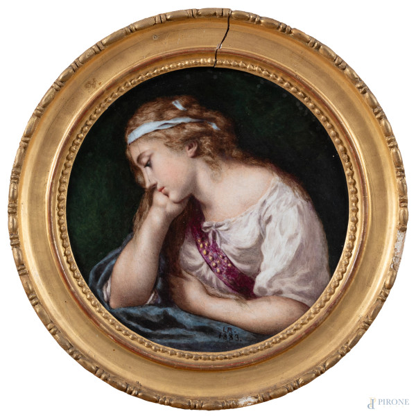 Ritratto di fanciulla su porcellana a serto circolare, diametro complessivo di cornice cm 28, siglato e datato "1883", (segni di usura, difetti)