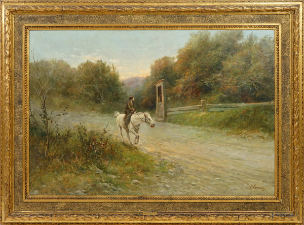 Francesco Capuano - Passeggiata a cavallo, olio su tela, cm 126x87, entro cornice