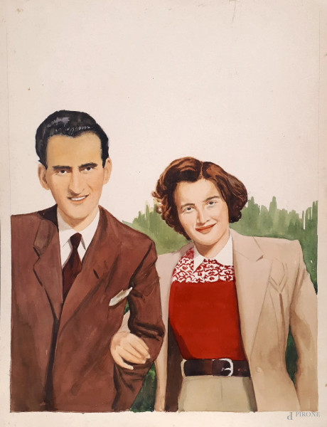 Artista del Novecento, Ritratto di coniugi, tempera su carta, cm 31x24